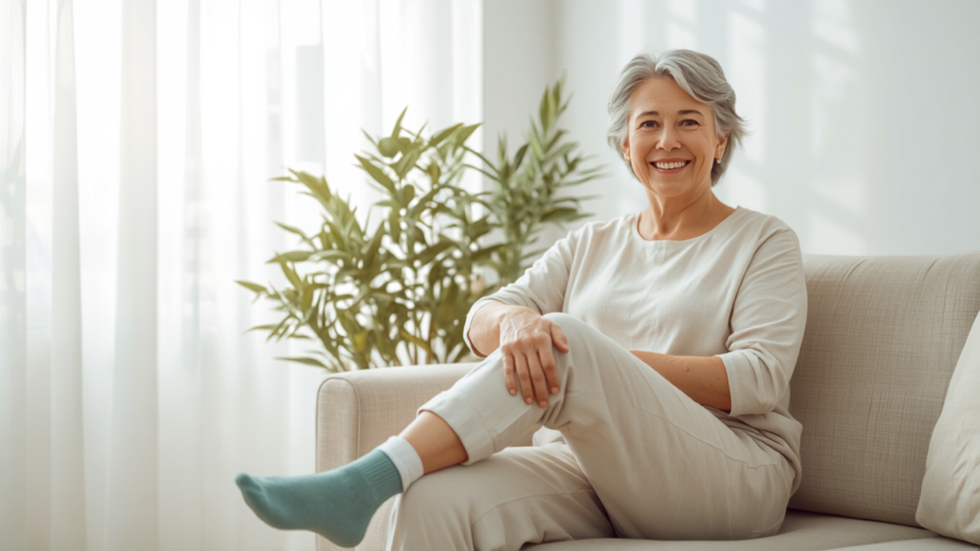 Senior American woman relaxing at home wearing CalmSole teal comfort socks